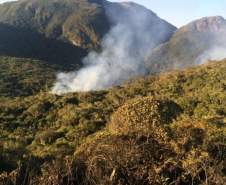 Durante a tarde deste domingo (24/07), bombeiros do litoral combateram um incêndio florestal no Morro Pelado, na região da Serra do Mar, em Morretes