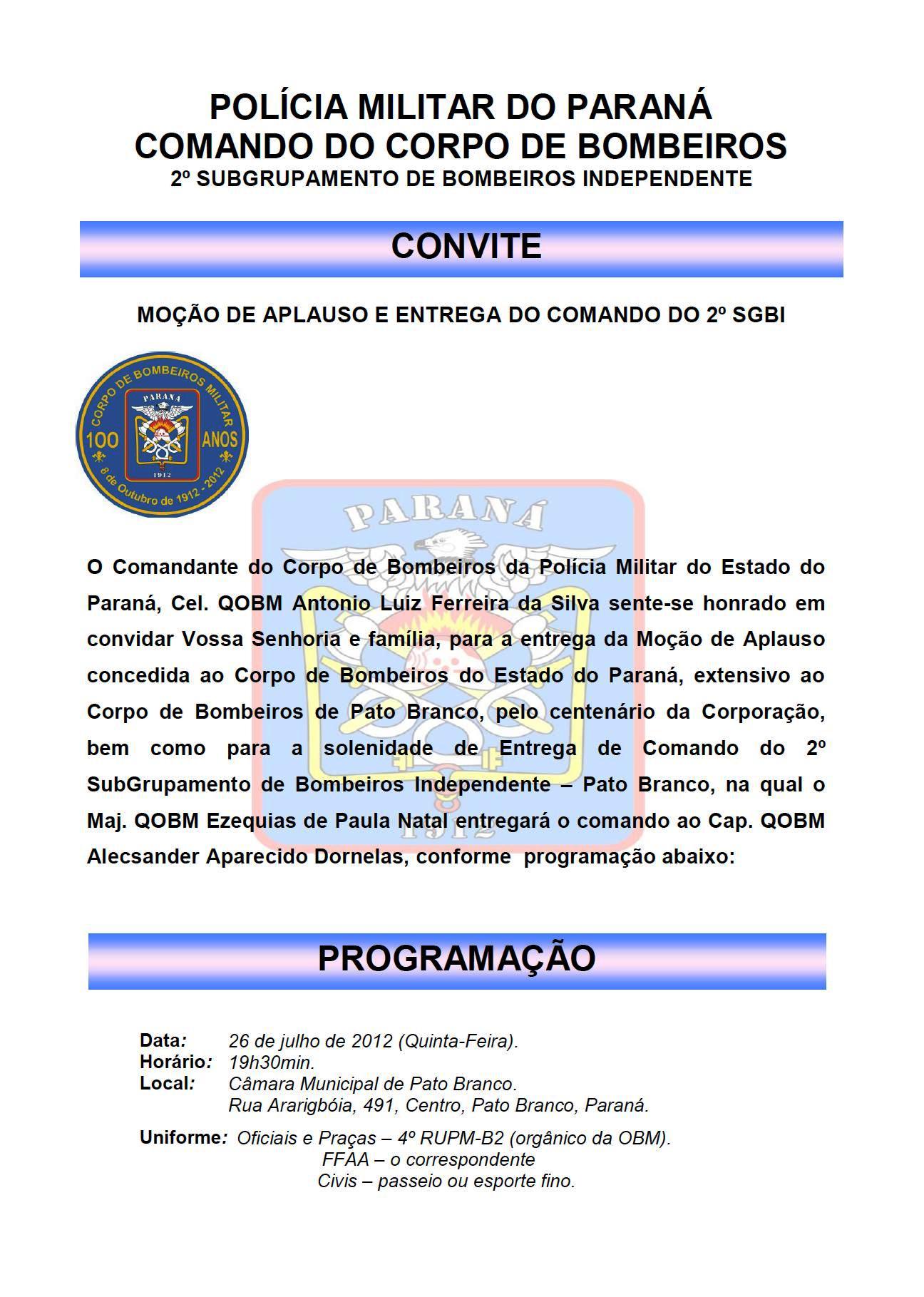 Convite: Moção de Aplauso e a Entrega do Comando do 2°SGBI