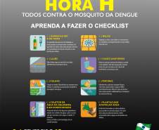 O sábado de Carnaval (6) foi escolhido pelo Governo do Estado para a realização da campanha Hora H – Todos contra o mosquito da Dengue. O objetivo é convocar todos os paranaenses a vistoriar casas e quintais simultaneamente, às 10h da manhã, com o objetivo de eliminar criadouros do mosquito transmissor da dengue, zika e chikungunya.