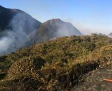 Durante a tarde deste domingo (24/07), bombeiros do litoral combateram um incêndio florestal no Morro Pelado, na região da Serra do Mar, em Morretes