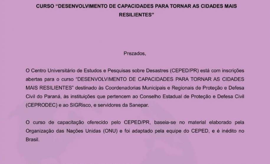 Inscrições abertas para o curso "Desenvolvimento de Capacidades para Tornar as Cidades mais Resilientes” Inscrições abertas para o curso "Desenvolvimento de Capacidades para Tornar as Cidades mais Resilientes”