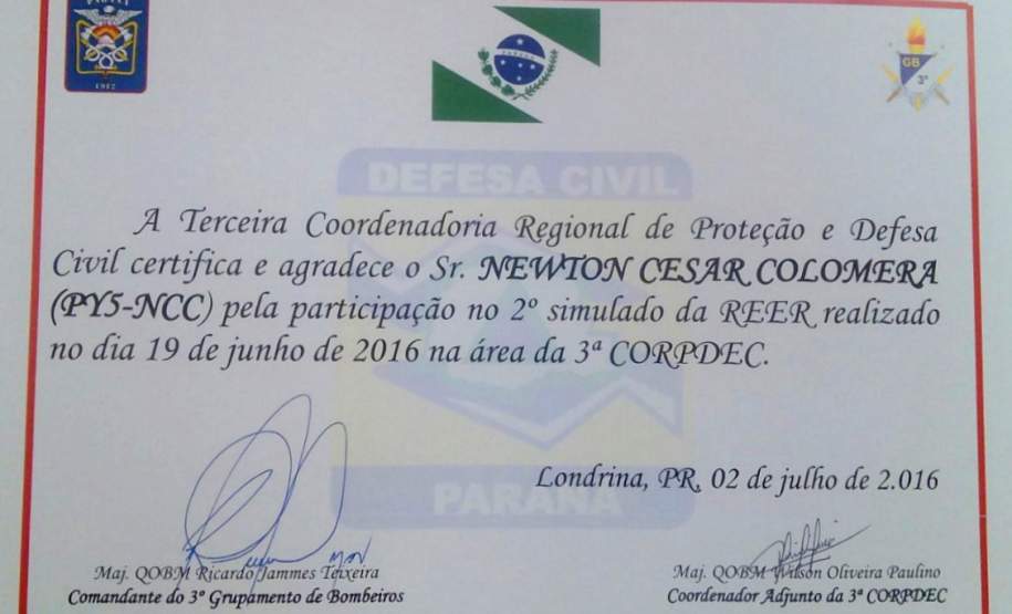 No dia Nacional do Bombeiro 3º Coordenadoria Regional de Proteção e Defesa Civil entrega Certificados a radioamadores voluntários em Londrina. A 3ª Coordenadoria Regional de Proteção e Defesa Civil (3ª CORPDEC) agradeceu os voluntários radioamadores da região, na Solenidade Militar Alusiva ao Dia Nacional do Bombeiro, no último dia 01 (sexta feira), na sede do 3º Grupamento de Bombeiros em Londrina.