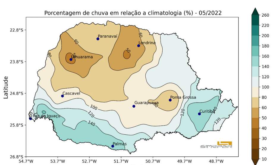 Maio teve chuvas desproporcionais em diversas regiões do Estado, aponta Simepar