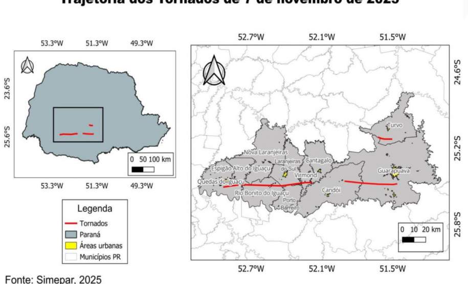 Laudo técnico final do Simepar eleva classificação de tornados que atingiram 11 cidades do Paraná
