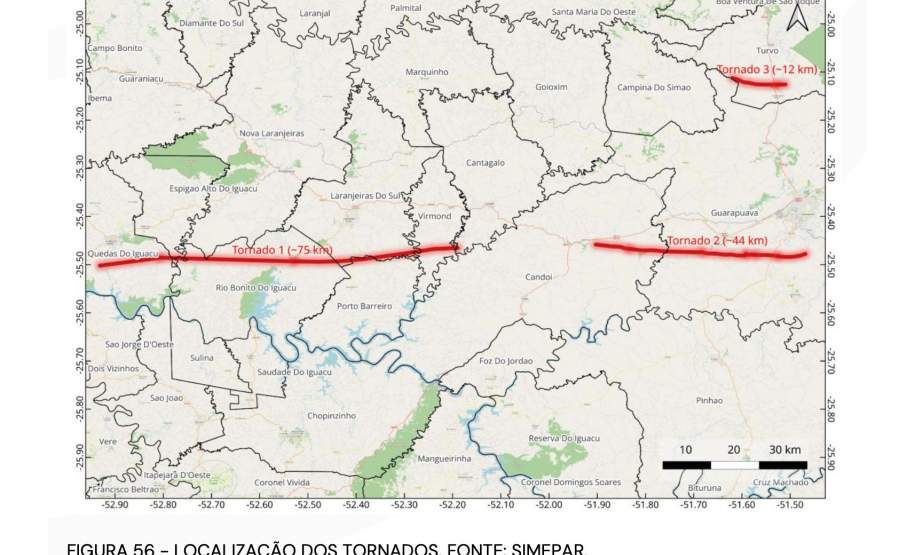 Laudo técnico final do Simepar eleva classificação de tornados que atingiram 11 cidades do Paraná